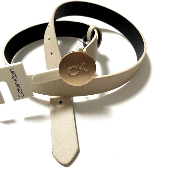 NWT Original CALVIN KLEIN Disk Medallion Belt Gold Buckle Taupe Cream Size M